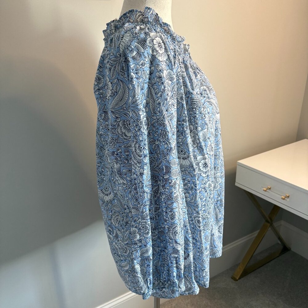 Talbots Plus Blue Floral Smocked Neck Blouse 3X Cotton - Picture 2 of 8